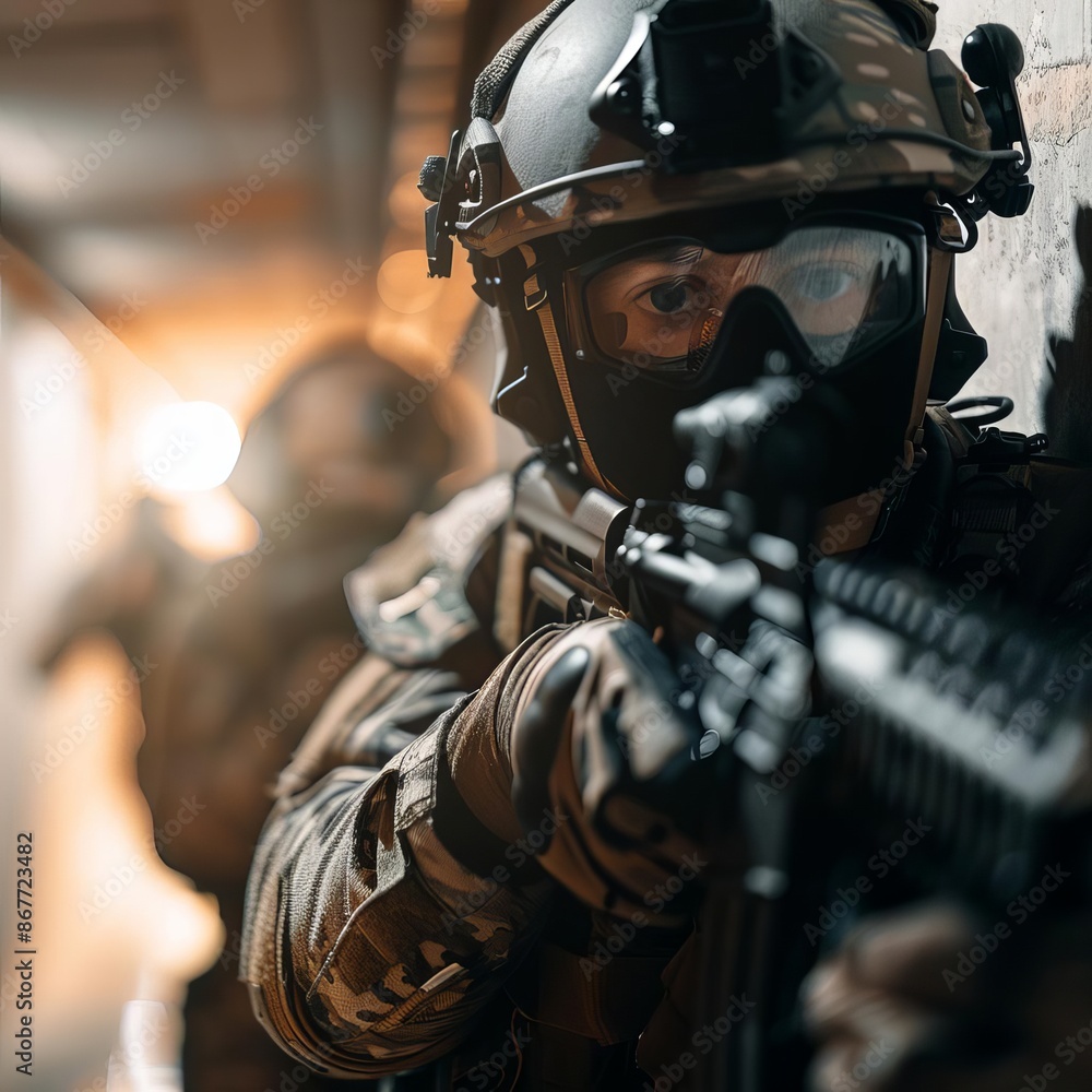 Intense indoor firefight between soldiers in a narrow corridor Intense indoor firefight between soldiers in a narrow corridor