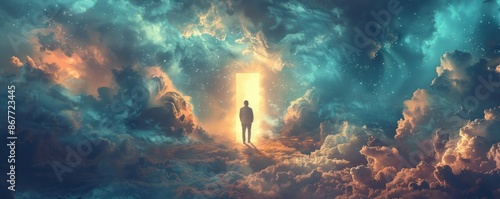 A man walking through a door that leads into the sky, the clouds swirling around him like a portal to another world. photo