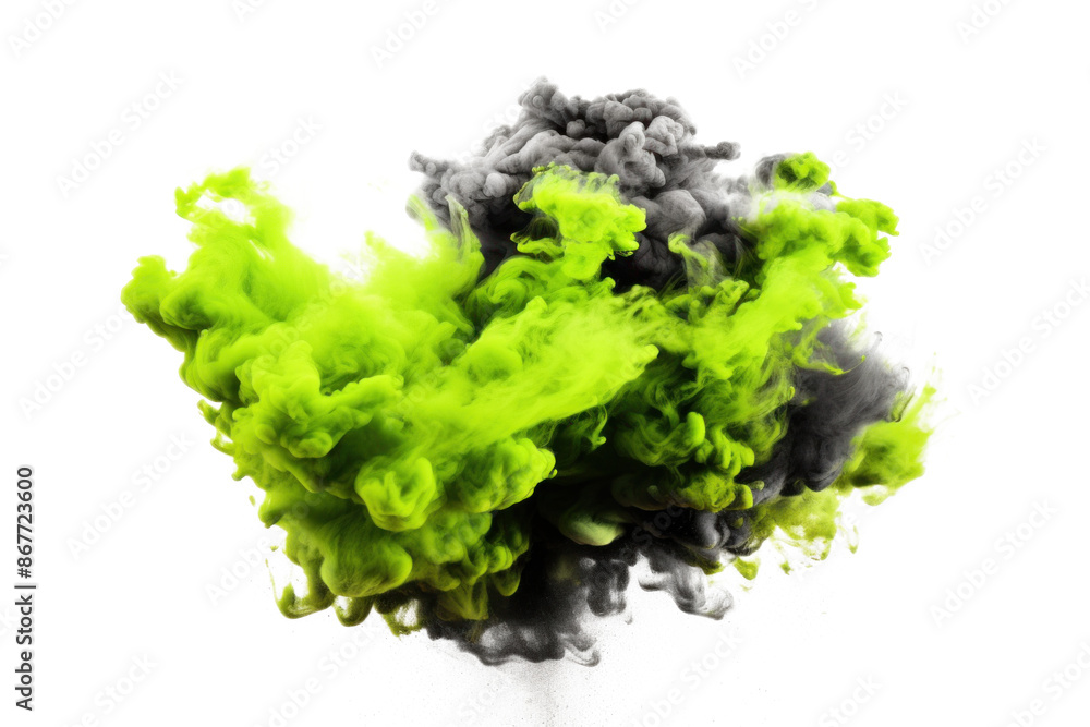 Vivid neon green and charcoal smoke bomb explosion. Dynamic colored clouds on transparent background. Vivid neon green and charcoal smoke bomb explosion. Dynamic colored clouds on transparent background.
