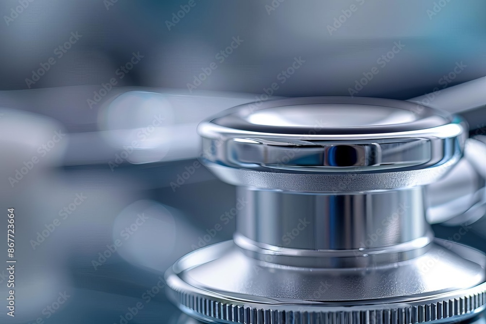 Closeup of a silver stethoscope head. Closeup of a silver stethoscope head.