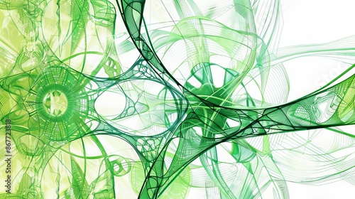 An intricate composition of abstract green lines and structures, forming complex patterns that give off a futuristic and organic visual appeal. photo