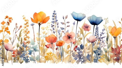 Wallpaper Mural Watercolor painting of a field of wildflowers in shades of blue, orange, and pink. Torontodigital.ca