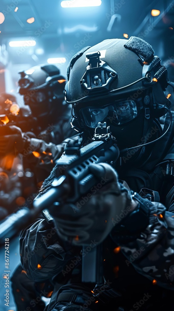 Two soldiers in tactical gear with guns, one aiming, in a futuristic setting. Two soldiers in tactical gear with guns, one aiming, in a futuristic setting.