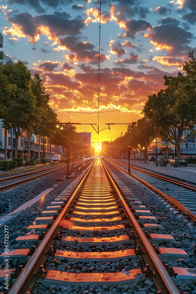 Fototapeta premium Beautiful sky and sunrise on the beautiful train tracks passing through the middle of the capital. On both sides there are parks and full of tall buildings. Gives a feeling of stability and freshness.