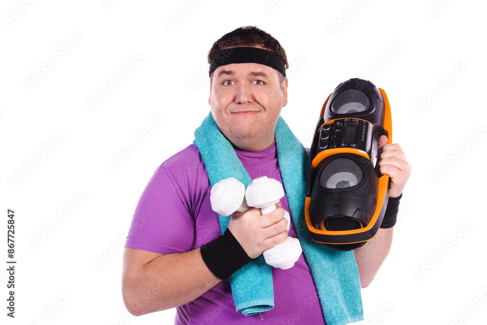 Retro style. Funny fat man doing fitness. White background. Retro style. Funny fat man doing fitness. White background.