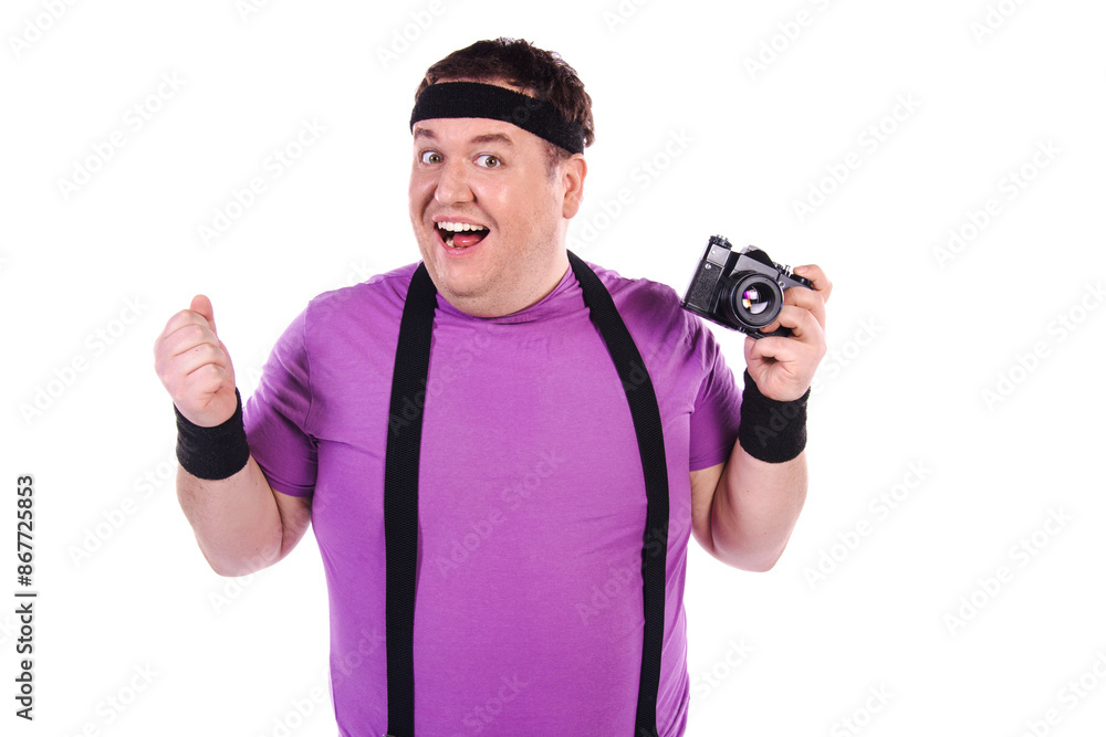 Funny guy with a camera. Retro style. White background. Funny guy with a camera. Retro style. White background.