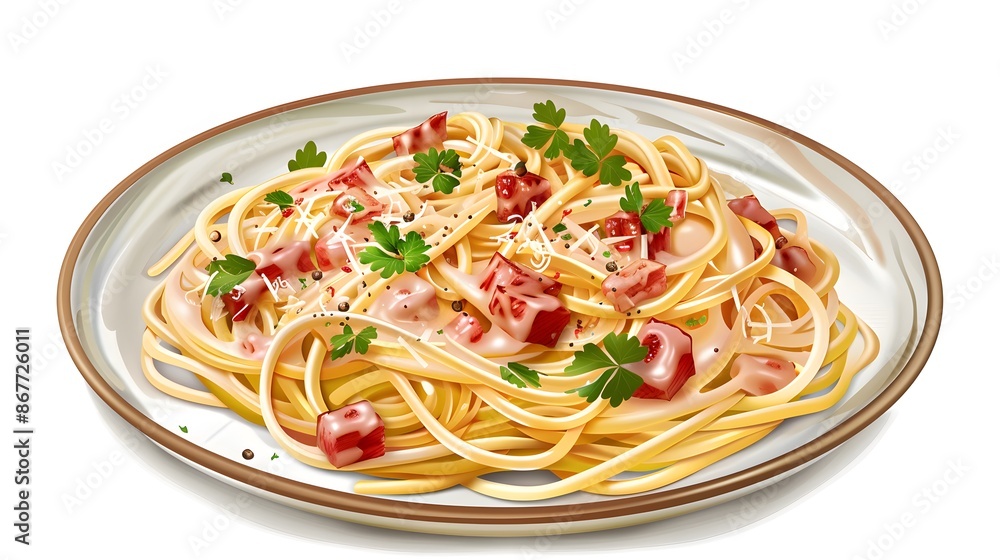 Spaghetti Carbonara: A dish of spaghetti coated in a creamy sauce with pancetta, Parmesan cheese, and a sprinkle of black pepper. Spaghetti Carbonara: A dish of spaghetti coated in a creamy sauce with pancetta, Parmesan cheese, and a sprinkle of black pepper.
