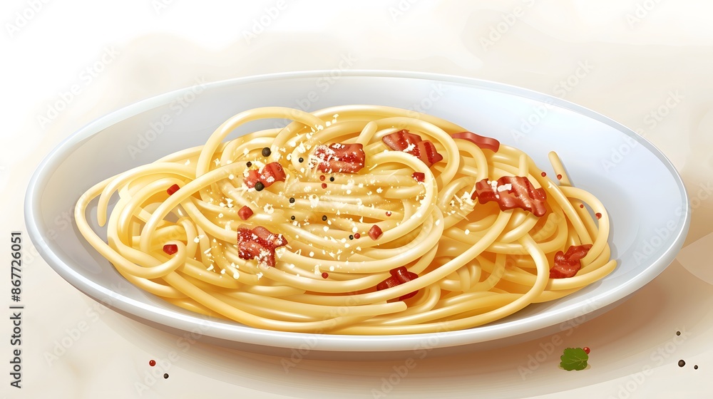 Spaghetti Carbonara: A dish of spaghetti coated in a creamy sauce with pancetta, Parmesan cheese, and a sprinkle of black pepper. Spaghetti Carbonara: A dish of spaghetti coated in a creamy sauce with pancetta, Parmesan cheese, and a sprinkle of black pepper.