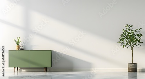 Minimalist plain white wall with green sideboard, using a green color palette, interior design mockup photo