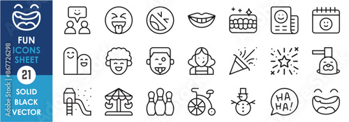 A set of line icons related to fun and entertainment. Laugh, smile, fun, enjoy, game, celebration, amusement, lips and so on. Vector outline icons set.