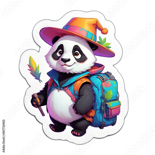 A brave baby panda with backpack wearing colorful hat. Cute sticker with transparent background. 3D cartoon style. photo