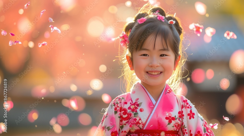 Spring Serenity: Japanese Girl in Kimono Amid Cherry Blossoms Spring Serenity: Japanese Girl in Kimono Amid Cherry Blossoms