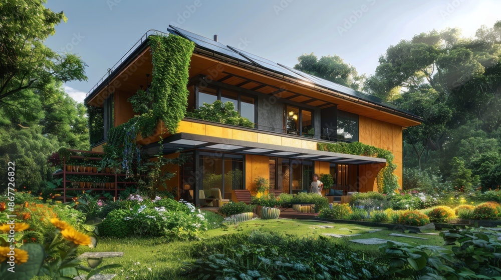 Realistic photograph of a family in an eco-friendly home with solar panels, rainwater harvesting system, and green garden, highlighting sustainable living. Realistic photograph of a family in an eco-friendly home with solar panels, rainwater harvesting system, and green garden, highlighting sustainable living.