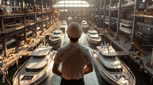 Large yachts under construction in a shipyard photo