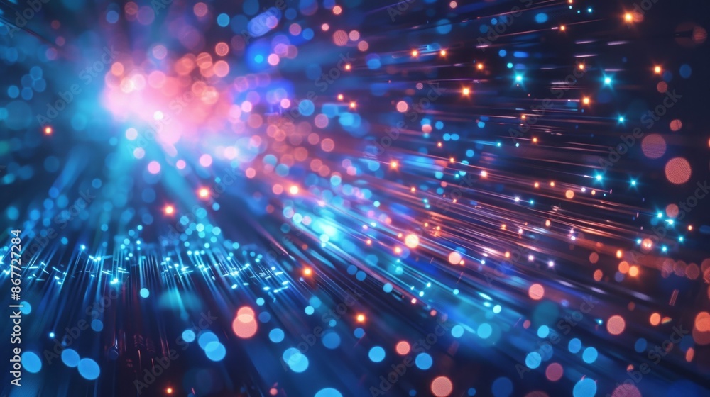 Abstract digital art depicting fiber optic cables in a dynamic, colorful display of light and data transmission Abstract digital art depicting fiber optic cables in a dynamic, colorful display of light and data transmission