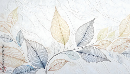 Textured background with leaf line art illustration on white paper on digital art concept, Generative AI.