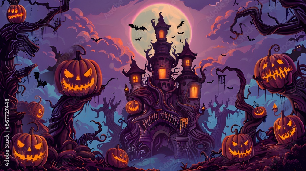 Fototapeta premium Illustration of a Scary Castle, Moonlight, Pumpkins and Scary Theme, Halloween Background, Halloween