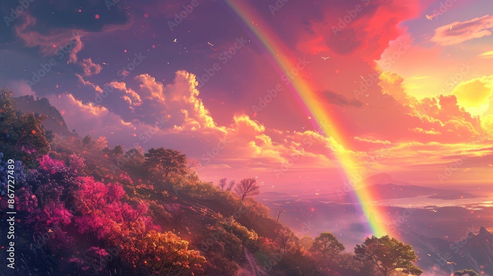 Serene Landscape with Vibrant Rainbow Arch Serene Landscape with Vibrant Rainbow Arch