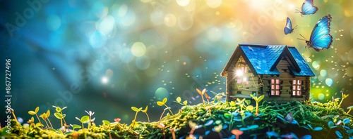 エコ・フレンドリー・ハウス - 庭の苔に蝶が舞っている木の家。Eco Friendly House - A wooden house with butterflies dancing on moss in the garden.Generative AI	 photo