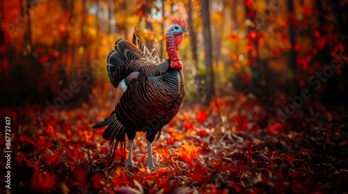 Poster with a young turkey against the background of an autumn maple forest, concept for Thanksgiving photo