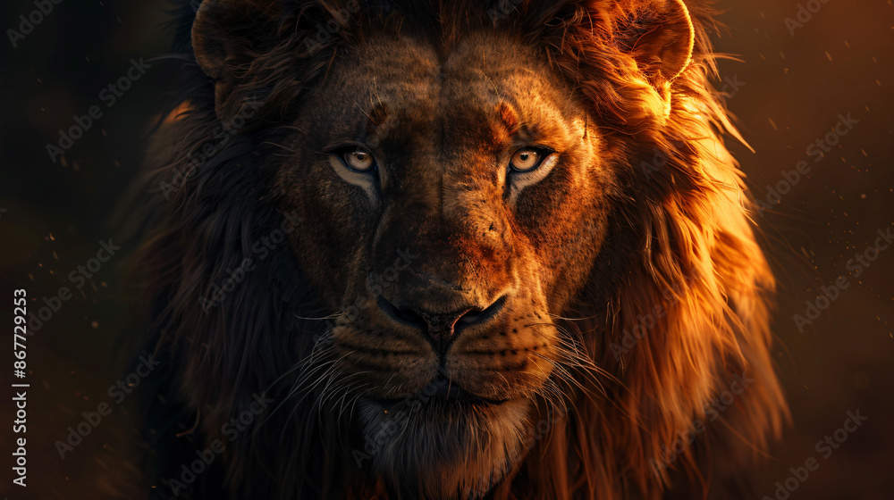 Fototapeta premium Majestic lion portrait captured at sunset, highlighting the regal elegance and powerful presence of the wild feline in its natural habitat.