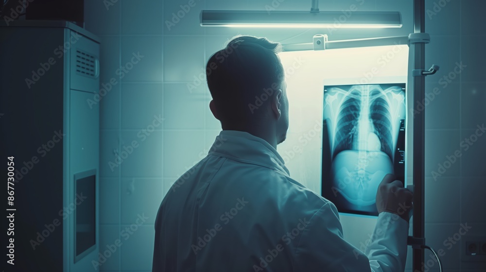 Doctor in a modern clinic is examining a chest X-ray film illuminated on a lightbox. Doctor in a modern clinic is examining a chest X-ray film illuminated on a lightbox.