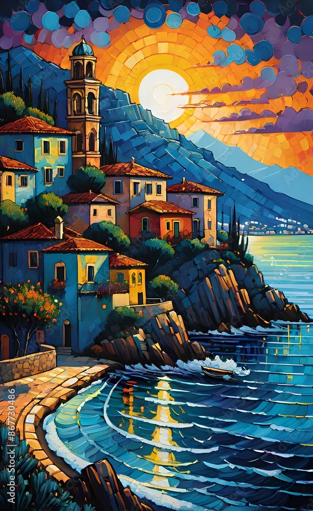Obraz premium Oil painting of a small town on the Mediterranean Sea, mountains in the background, beautiful summer weather.