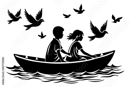  at sunset a boy and a girl sit in a boat silhouette vector illustration
