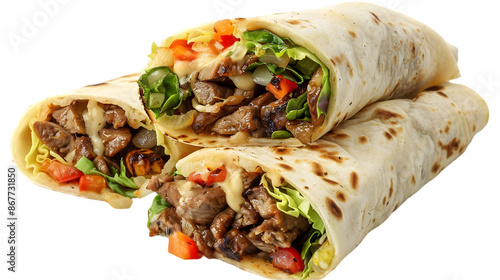  An elegant arrangement of a lamb kebab wrap cut in half to show the juicy filling, on a clean white 