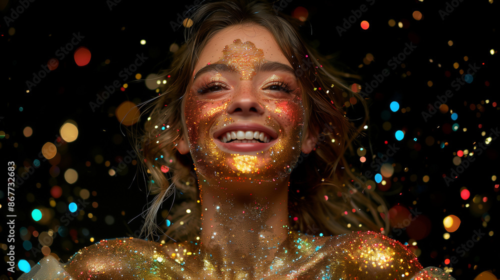 Portrait of a woman with golden festive makeup on a black background Portrait of a woman with golden festive makeup on a black background