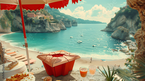 beach with red umbrella and food in tabletable photo