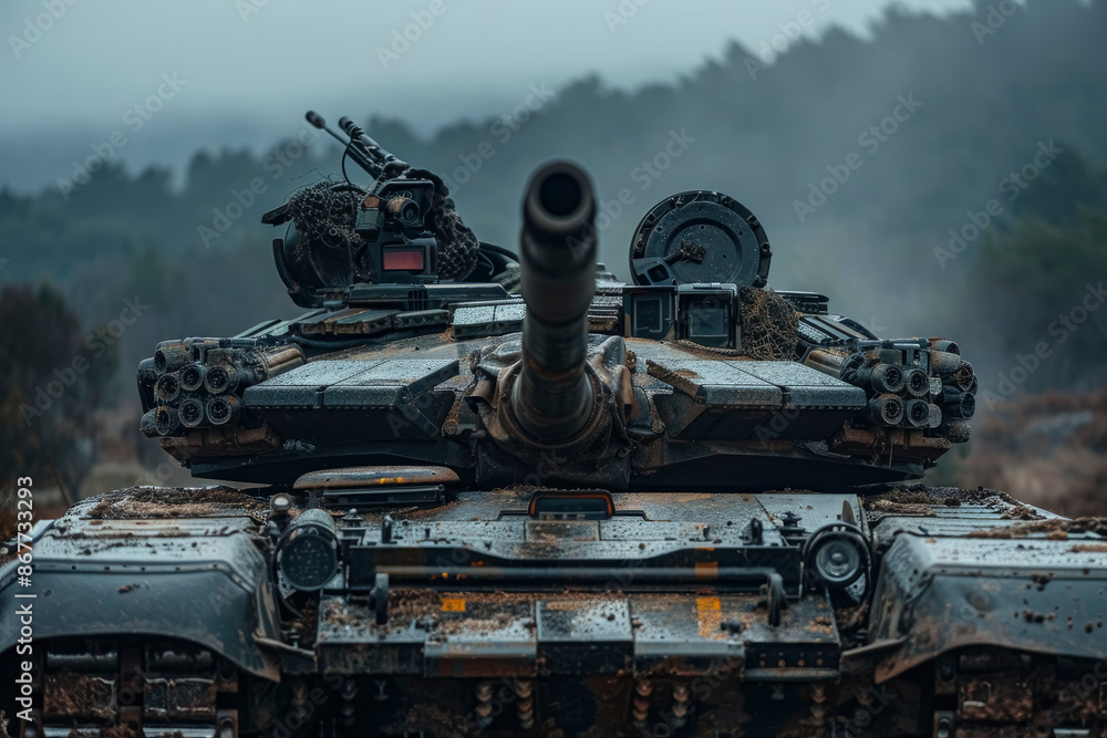 military equipment, a formidable tank standing in a combat-ready position. Its turret rotates to demonstrate firepower and mobility. military equipment, a formidable tank standing in a combat-ready position. Its turret rotates to demonstrate firepower and mobility.