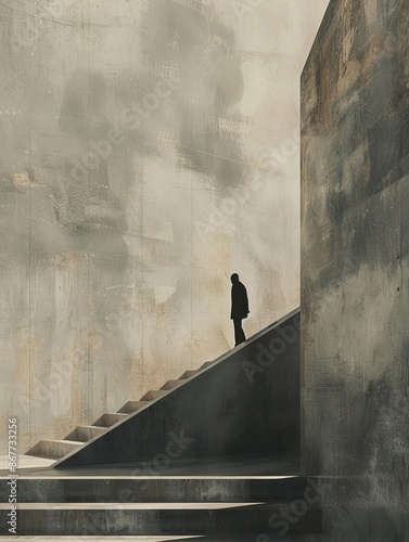 A solitary figure ascends a flight of stairs in a minimalistic, surreal architectural structure with light and shadows. photo