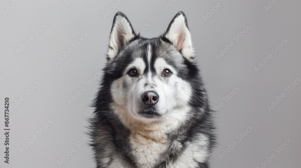 Obraz premium Close up photo of Alaskan Malamute dog with black and white fur sitting in studio and gazing at the camera