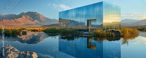 A house made entirely of mirrors, reflecting the surrounding landscape in an endless loop. photo