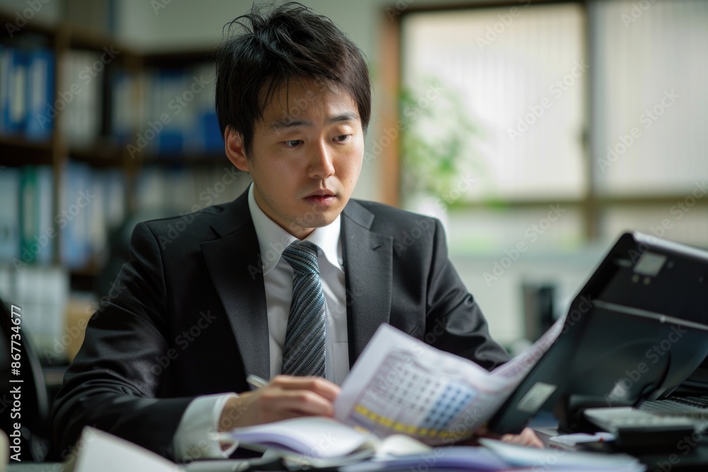 Japanese finance officer managing budgets, detailed and analytical, spreadsheets and financial reports Japanese finance officer managing budgets, detailed and analytical, spreadsheets and financial reports