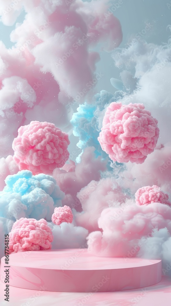 Cotton candy podium with soft textures and pastel colors, Whimsical, Light tones, High detail, 3D rendering Cotton candy podium with soft textures and pastel colors, Whimsical, Light tones, High detail, 3D rendering