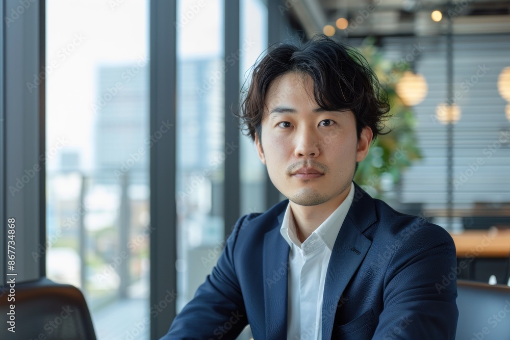 Japanese entrepreneur discussing business strategies, professional and focused, modern office environment Japanese entrepreneur discussing business strategies, professional and focused, modern office environment
