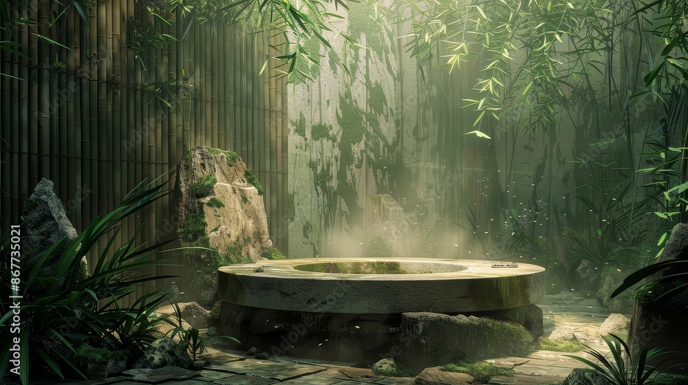 Bamboo and stone podium with natural textures, Zen, Earthy tones, Soft lighting, Digital painting Bamboo and stone podium with natural textures, Zen, Earthy tones, Soft lighting, Digital painting