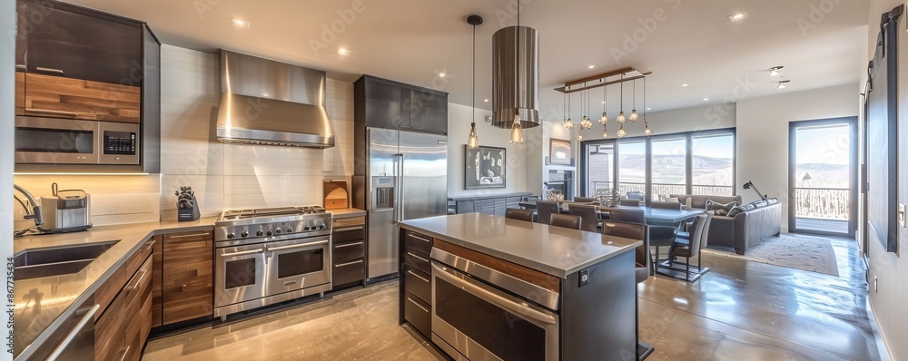 A modern kitchen with sleek appliances, stainless steel countertops, and an island perfect for gathering and preparing meals. A modern kitchen with sleek appliances, stainless steel countertops, and an island perfect for gathering and preparing meals.