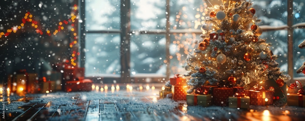 A festive Christmas scene with a decorated tree, presents under the tree, and snow falling outside. A festive Christmas scene with a decorated tree, presents under the tree, and snow falling outside.