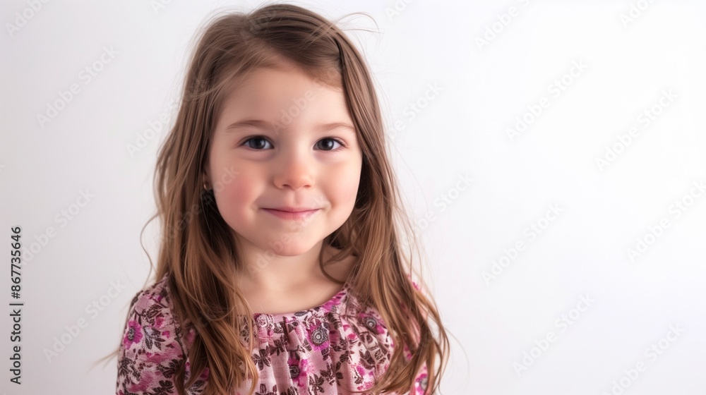 Portrait of a young girl with long brown hair, wearing a floral dress and smiling Portrait of a young girl with long brown hair, wearing a floral dress and smiling