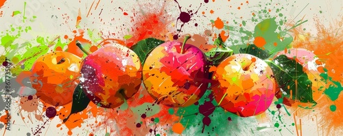 Artistic fruit composition with splashes of paint and dynamic brushstrokes, Expressionist, Bold colors, Digital art photo