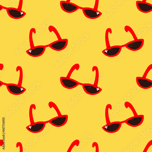 Summer pattern with red cartoon sunglasses on yellow background. Seamless colorful pattern for wrapping paper, notebook cover