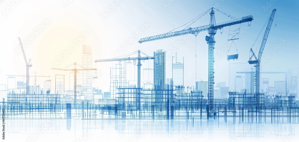 Panoramic image of multiple construction cranes and cityscape background, symbolizing development and urban growth. Panoramic image of multiple construction cranes and cityscape background, symbolizing development and urban growth.