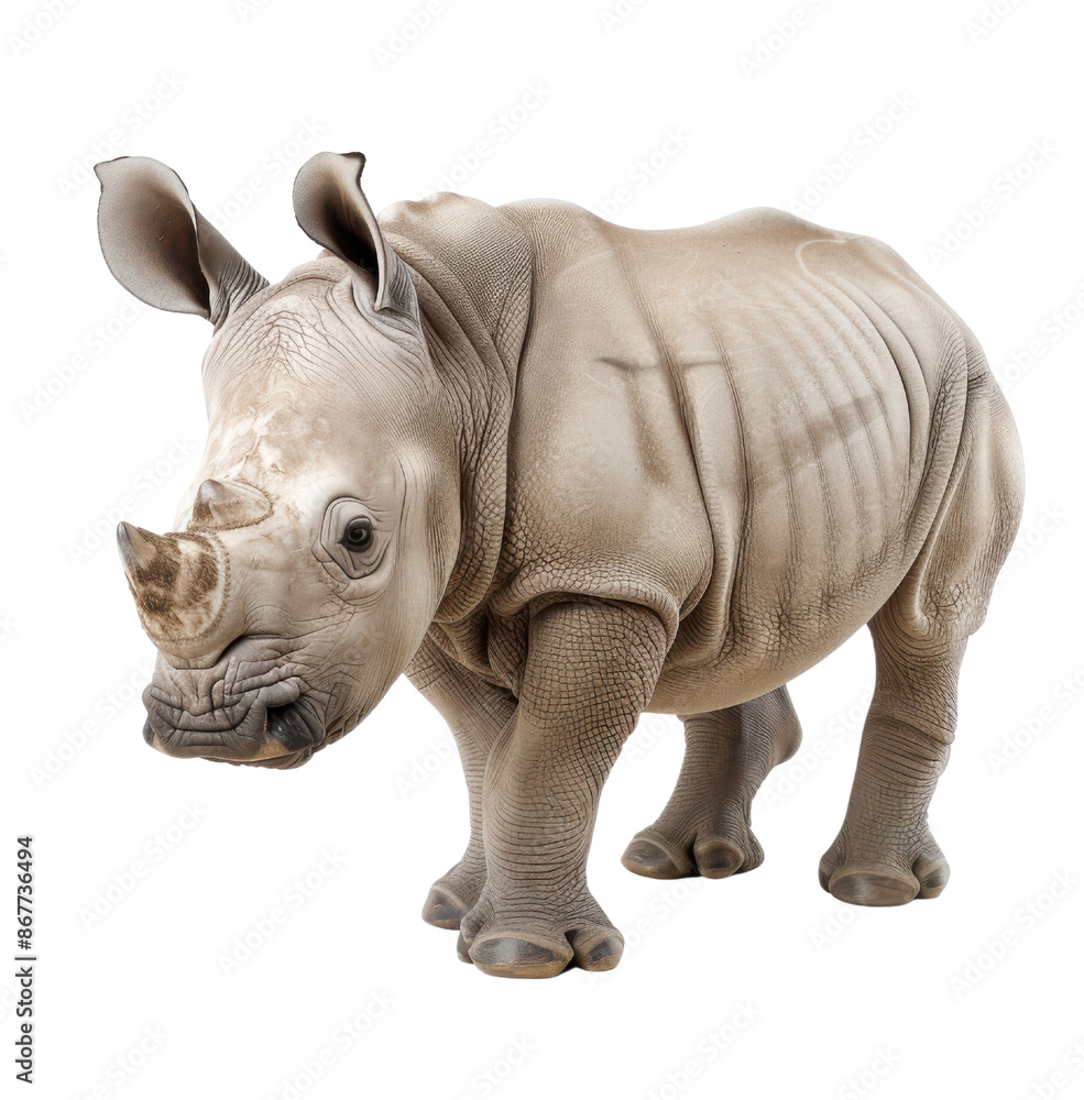 Fototapeta premium A baby white rhinoceros stands on isolated on White background, looking directly at the viewer. Its skin is smooth and gray, and its eyes are dark and inquisitive.