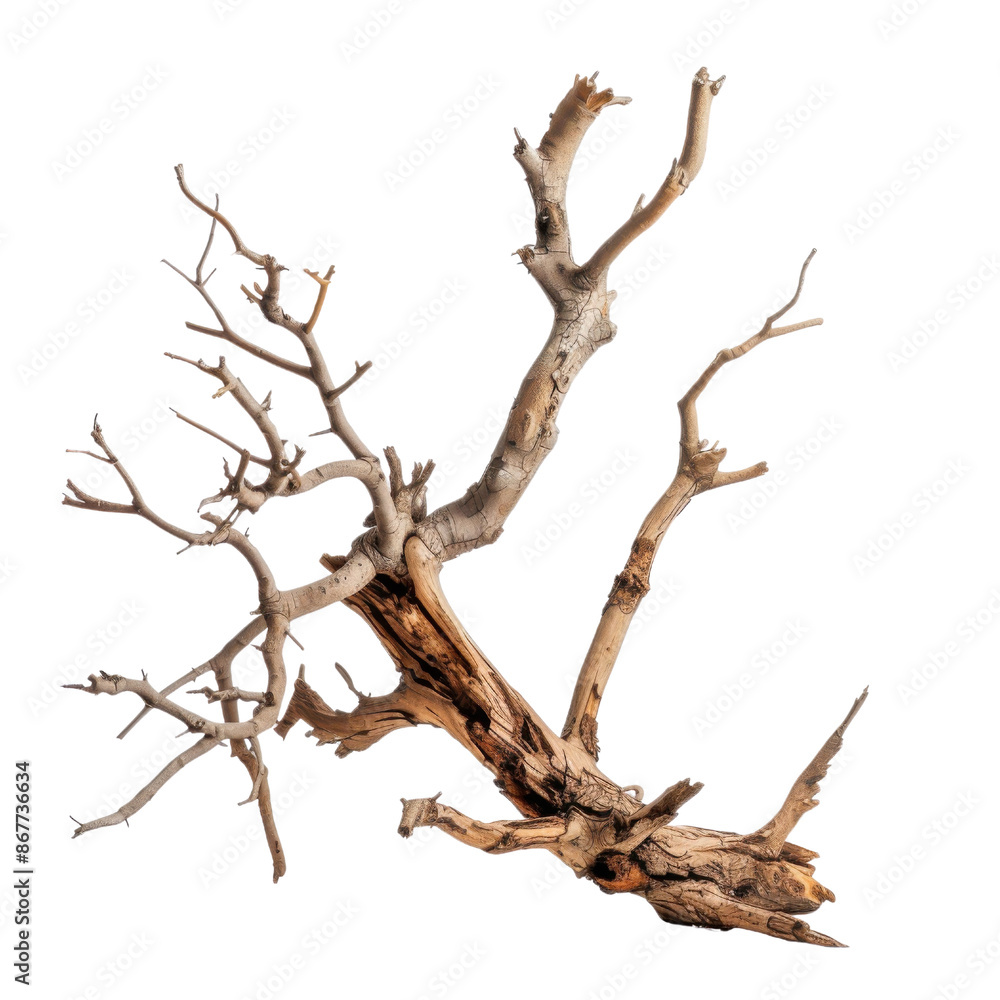 A detailed close-up of a gnarled, weathered branch isolated on White background. A detailed close-up of a gnarled, weathered branch isolated on White background.