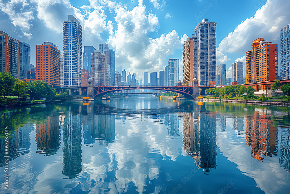 Fototapeta premium A vibrant urban skyline with modern skyscrapers reflecting in the calm waters of a river, under a bright blue sky scattered with fluffy clouds