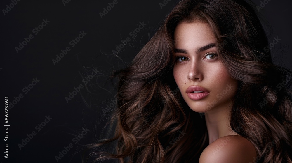 A portrait of a young woman with long, dark, curly hair, shot against a black backdrop. Her eyes meet the camera with a captivating expression, revealing a captivatingly beautiful face A portrait of a young woman with long, dark, curly hair, shot against a black backdrop. Her eyes meet the camera with a captivating expression, revealing a captivatingly beautiful face