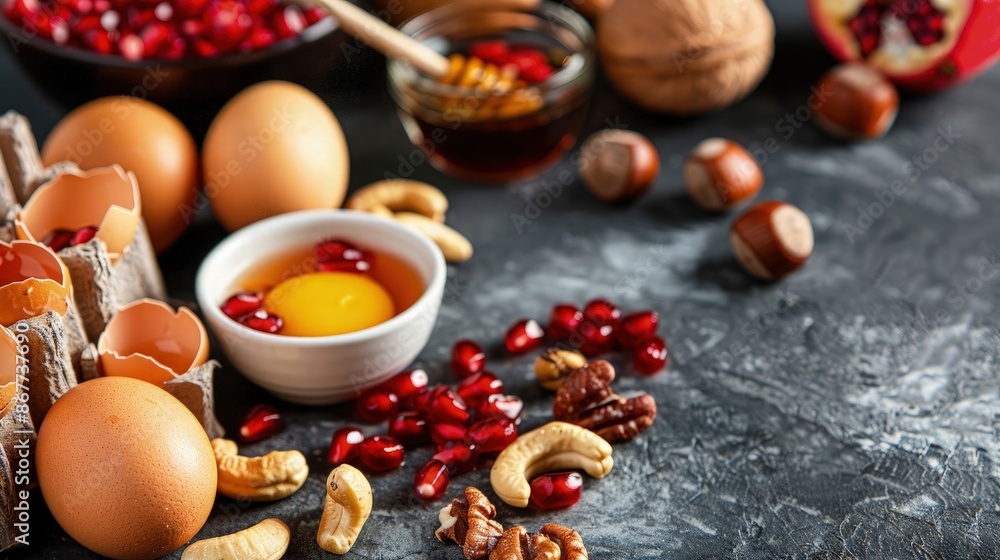 Raw ingredients nuts, eggs, soy sauce, pomegranate, honey. Raw ingredients nuts, eggs, soy sauce, pomegranate, honey.